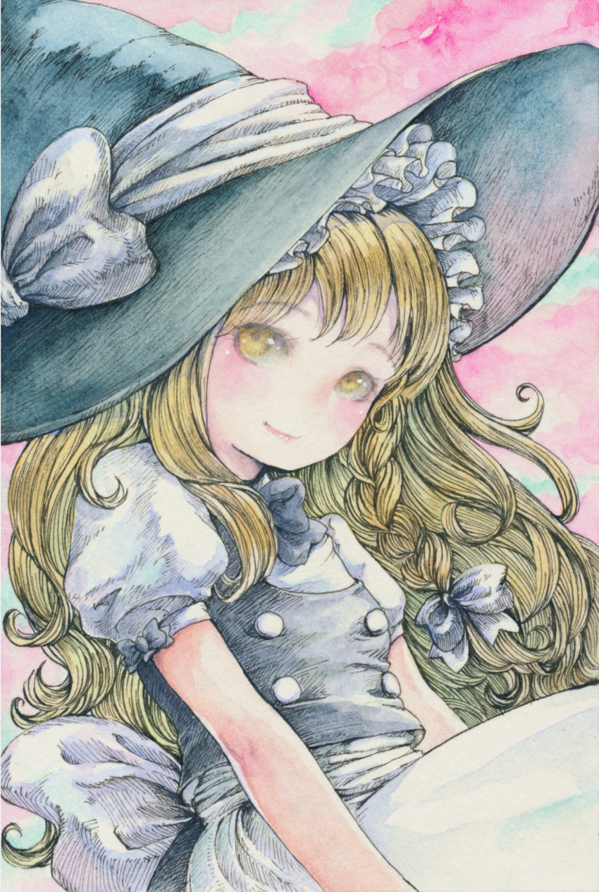 1girl black_hat black_vest blonde_hair bow braid commentary_request eyelashes hair_bow hat hat_bow highres kirisame_marisa long_hair looking_at_viewer painting_(medium) pink_background puffy_short_sleeves puffy_sleeves sato_(osappun) shirt short_sleeves smile solo touhou traditional_media vest watercolor_(medium) white_shirt witch_hat yellow_eyes