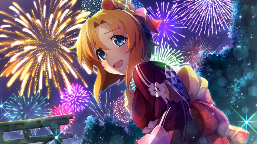 1girl :d aerial_fireworks blue_eyes blush facing_to_the_side fireworks from_below from_side game_cg hair_ornament hand_on_own_chest highres higurashi_no_naku_koro_ni higurashi_no_naku_koro_ni_mei japanese_clothes kimono lens_flare looking_at_viewer night non-web_source official_art open_mouth orange_hair outdoors print_kimono red_kimono ryuuguu_rena short_hair shrine smile solo sparkle summer summer_festival torii tree yukata