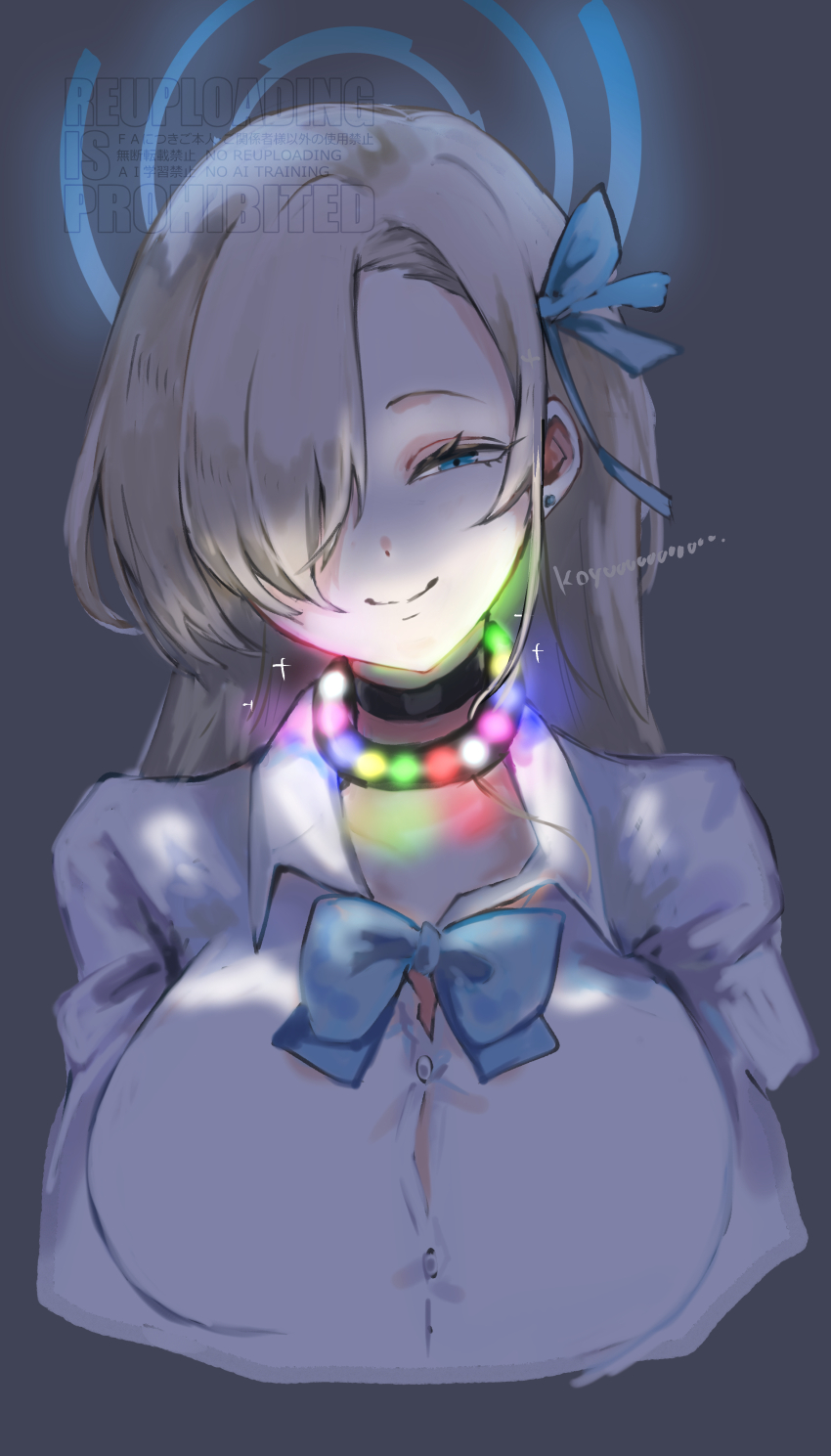 1girl absurdres asuna_(blue_archive) asuna_(school_uniform)_(blue_archive) black_choker blonde_hair blue_archive blue_bow blue_bowtie blue_eyes blue_ribbon blush bow bowtie choker commentary_request hair_over_one_eye hair_ribbon highres koyuuuuuuuuuuu long_hair looking_at_viewer partial_commentary ribbon shirt sidelocks smile upper_body white_shirt