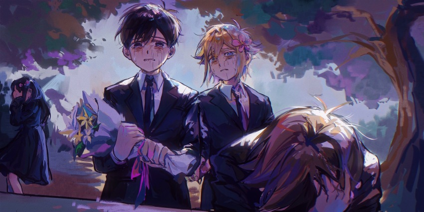 1girl 3boys antenna_hair aubrey_(faraway)_(omori) aubrey_(omori) basil_(faraway)_(omori) basil_(omori) black_hair black_suit blonde_hair bouquet bow brown_hair crying crying_with_eyes_open day flower formal_clothes hair_bow hair_flower hair_ornament hero_(faraway)_(omori) hero_(omori) highres holding holding_bouquet looking_at_viewer multiple_boys necktie omori outdoors parted_lips patient51311752 pink_bow short_hair spoilers suit sunny_(omori) tears tree