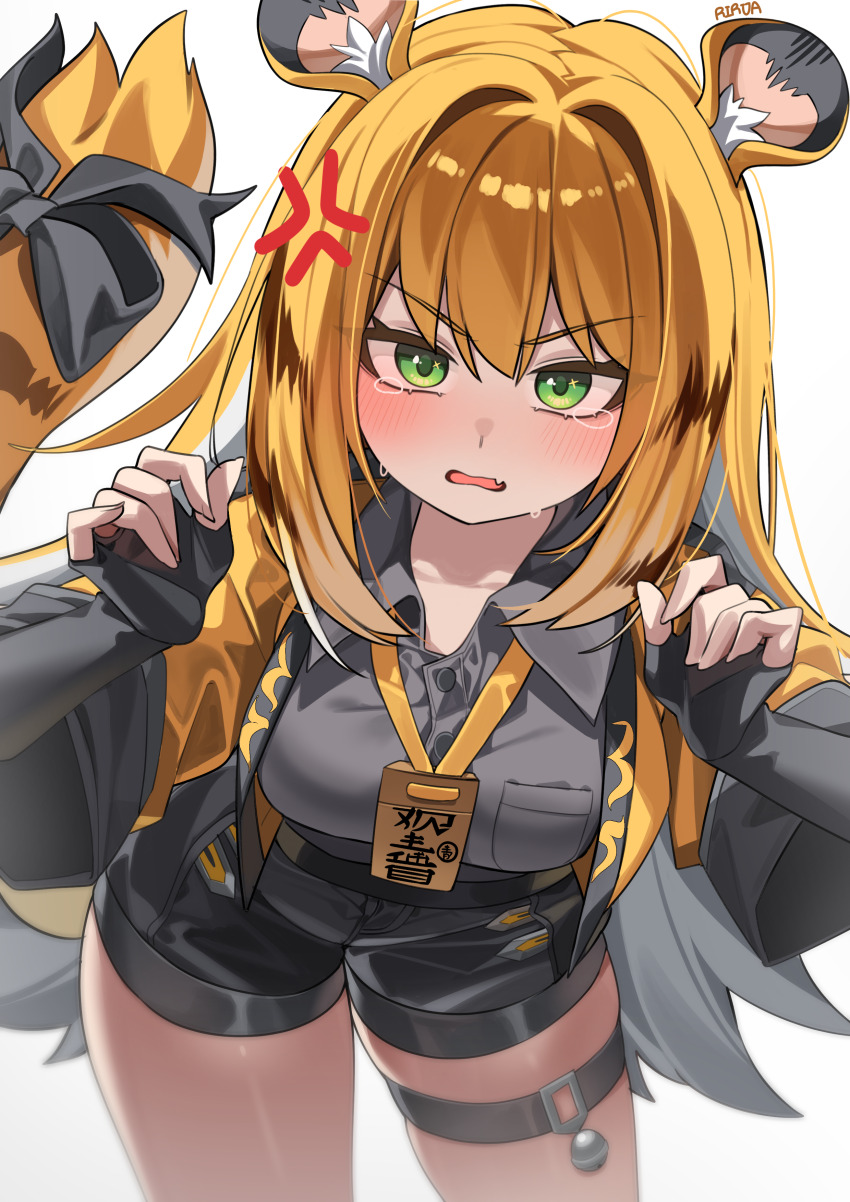 1girl absurdres anger_vein animal_ears blonde_hair blush commentary_request green_eyes grey_shirt highres ju_fufu korean_commentary long_hair looking_at_viewer mihoyo rirua_(kjom802) shirt simple_background solo tail tiger_ears tiger_girl tiger_tail white_background zenless_zone_zero