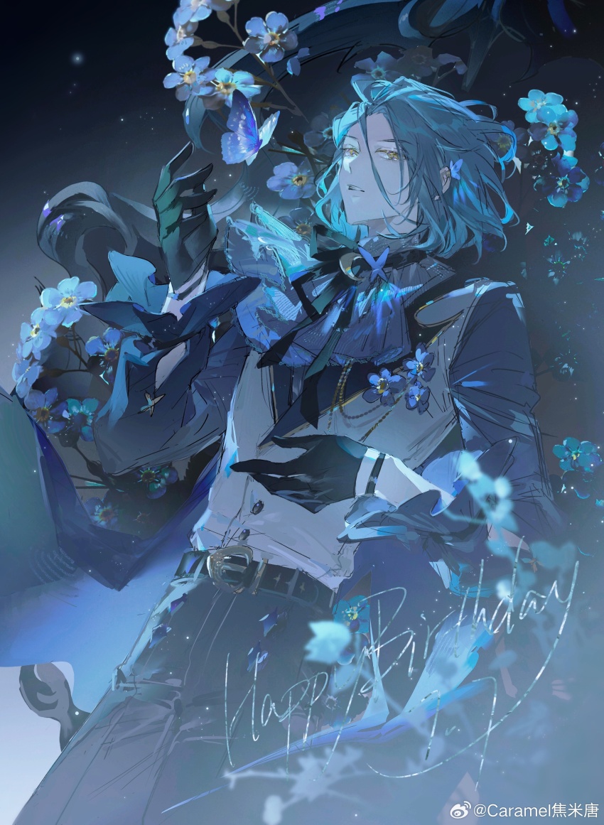 1boy absurdres ascot belt belt_buckle black_belt black_gloves black_pants black_ribbon blue_butterfly blue_cape blue_flower blue_hair boutonniere brooch buckle bug butterfly butterfly_on_ear cape caramel_jiaomitang chinese_commentary cowboy_shot crescent crescent_pin ensemble_stars! flower forget-me-not_(flower) frilled_sleeves frills gloves grey_ascot grey_shirt hair_between_eyes hand_up happy_birthday highres himeru_(ensemble_stars!) insect jewelry light_particles long_bangs long_sleeves looking_at_viewer male_focus medium_hair neck_ribbon pants parted_lips ribbon shirt sideways_glance solo vest watermark weibo_watermark white_vest yellow_eyes