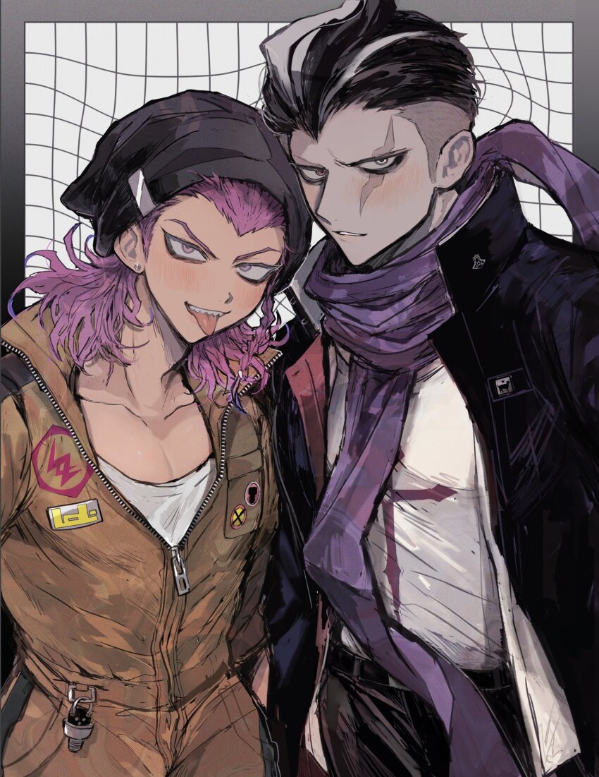 2boys badge beanie belt belt_buckle black_belt black_coat black_hair black_hat black_pants border braid breast_pocket buckle button_badge coat collarbone collared_coat cowboy_shot danganronpa_(series) danganronpa_2:_goodbye_despair ear_piercing earrings grey_border grey_hair grid_background hat heterochromia highres jewelry joonoyuki jumpsuit looking_at_viewer male_focus medium_hair multicolored_hair multiple_boys outside_border pants parted_lips partially_unzipped piercing pink_eyes pink_hair pocket popped_collar print_shirt purple_scarf scar scar_across_eye scar_on_face scarf scoop_neck sharp_teeth shirt shirt_tucked_in short_hair side-by-side side_braid single_braid soda_kazuichi standing streaked_hair stud_earrings t-shirt tanaka_gundham teeth tongue tongue_out two-sided_coat two-sided_fabric upper_teeth_only white_shirt widow&#039;s_peak yellow_jumpsuit zipper zipper_pull_tab