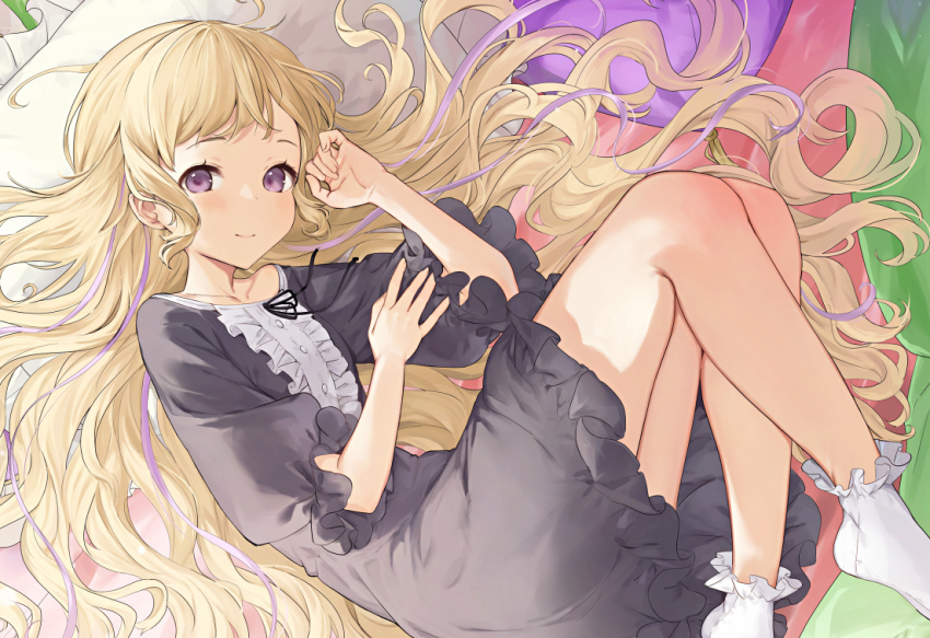 1girl alternate_costume alternate_hairstyle black_dress blonde_hair collarbone commission dress elise_(fire_emblem) fire_emblem fire_emblem_fates frilled_dress frilled_sleeves frilled_socks frills hair_down haru_(nakajou-28) legs long_hair looking_at_viewer lying messy_hair multicolored_hair nintendo purple_eyes purple_hair smile socks solo two-tone_hair very_long_hair white_socks