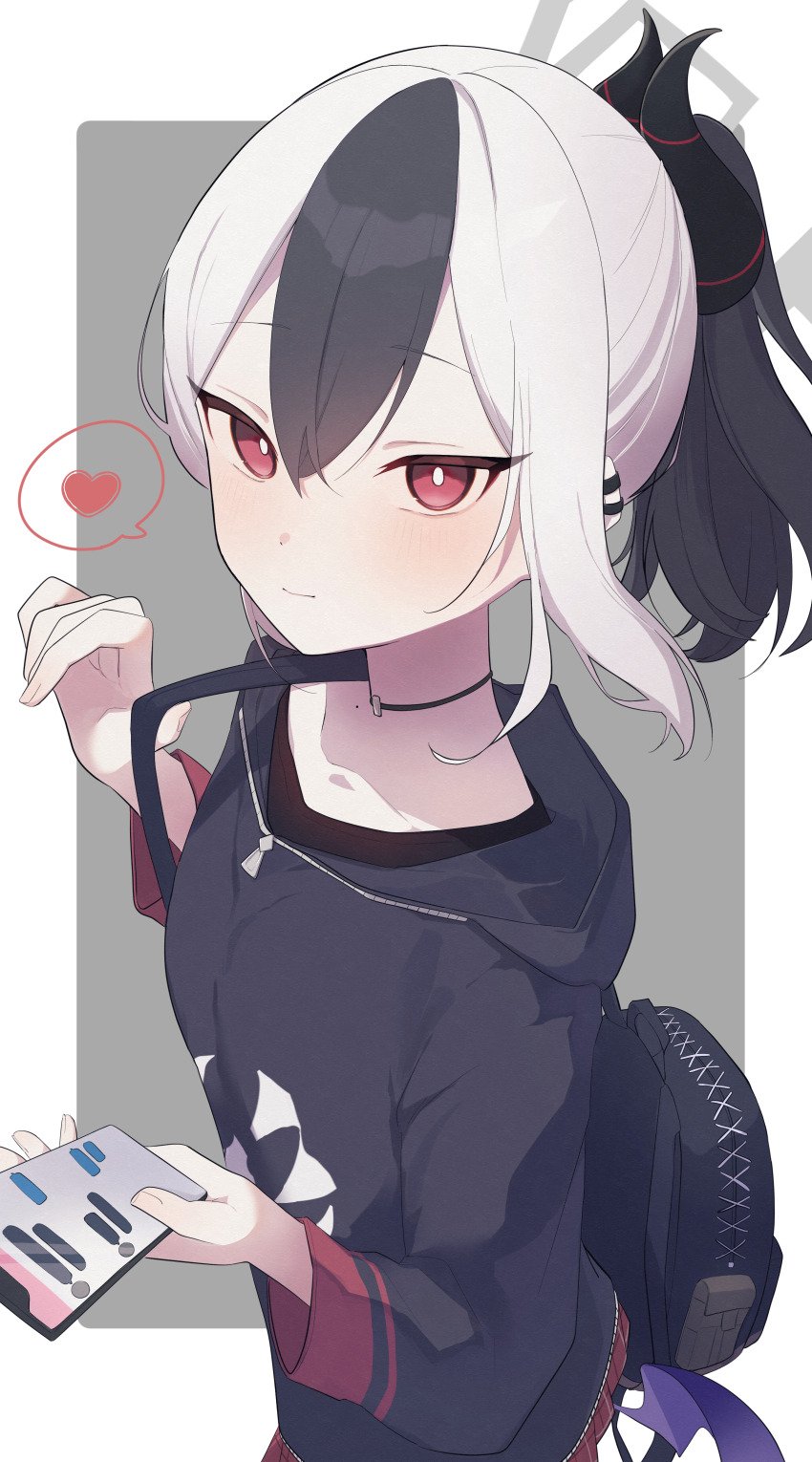 1girl absurdres backpack bag black_bag black_choker black_hair black_hoodie blue_archive border cellphone choker commentary demon_girl demon_horns demon_wings ear_ornament grey_background grey_halo halo heart highres holding holding_phone hood hoodie horns kayoko_(blue_archive) multicolored_hair phone red_eyes single_wing spoken_heart sukasusu_51te white_border white_hair wings