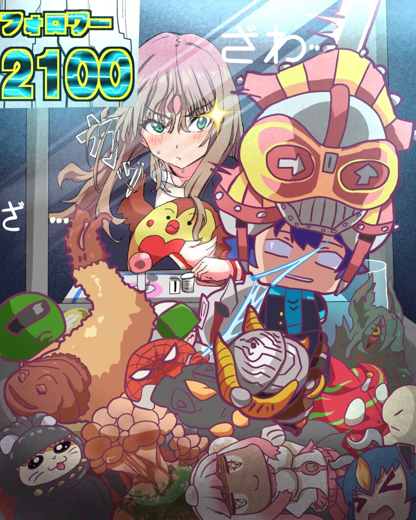 1girl against_glass arcade asanaka_yomogi black_jacket black_pantyhose blue_hair blush brown_hair character_doll controller crane_game doll godzilla_(series) godzilla_vs._hedorah green_eyes gridman_universe gundam hair_ornament hamtaro hamtaro_(series) hedorah highres holding holding_doll holding_stuffed_toy in_crane_game jacket joystick jumie80 kamen_rider kamen_rider_amazon_alpha kamen_rider_amazons kamen_rider_imperer kamen_rider_ryuki_(series) long_hair long_sleeves marvel matango minami_yume mobile_suit_gundam pantyhose pleated_skirt school_uniform shirt short_hair skirt spider-man_(series) ssss.dynazenon stuffed_animal stuffed_toy toho tokusatsu ultra_kaijuu_gijinka_keikaku ultra_series zaku zetton