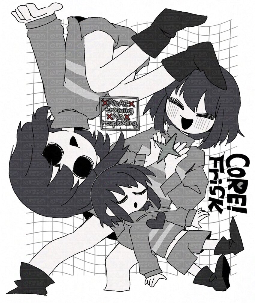 1other :d :o ^_^ alternate_universe ankle_boots bare_legs bob_cut boots character_name closed_eyes core_frisk cropped_legs facing_viewer frisk_(undertale) full_body greyscale grid_background hair_between_eyes hands_up hashtag-only_commentary heart highres hollow_eyes knees_up long_sleeves monochrome mr0x0 multiple_views navel open_mouth other_focus puffy_long_sleeves puffy_sleeves short_hair shorts simple_background sitting smile sparkle striped_clothes striped_sweater sweater too_many_watermarks turtleneck turtleneck_sweater u_u undertale upside-down utdr_(toby_fox) watermark white_background