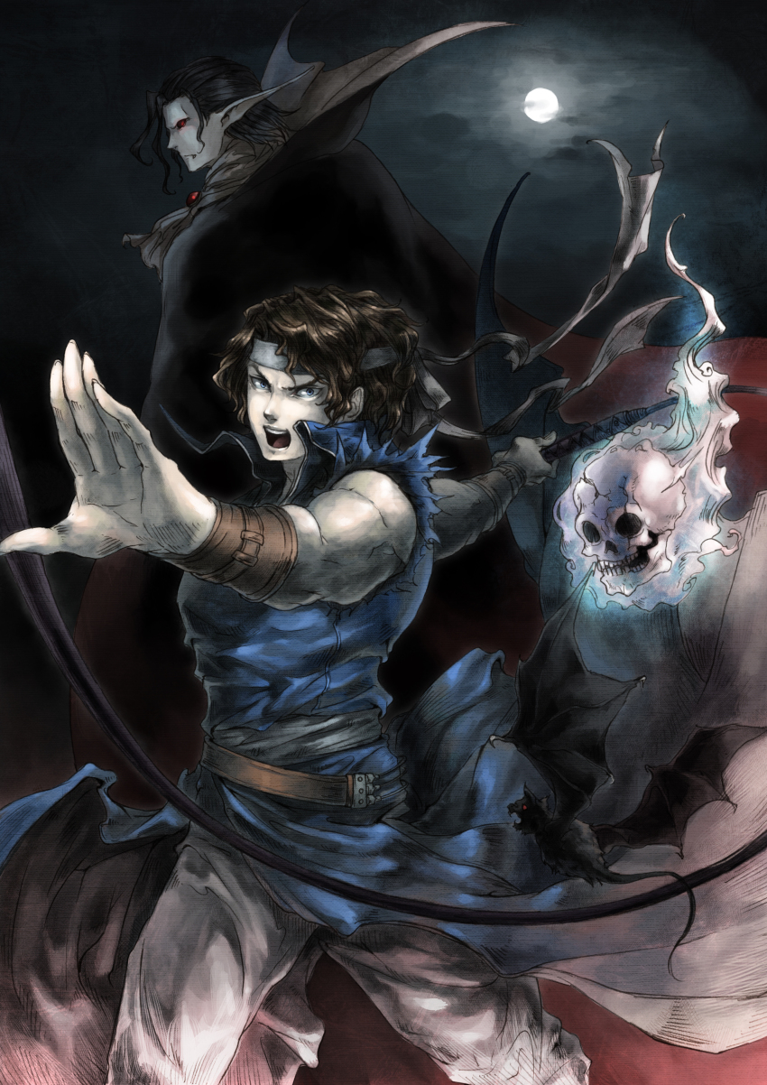 2boys absurdres ascot bat_(animal) belt black_hair black_sclera blue_eyes brown_hair castlevania:_rondo_of_blood castlevania_(series) colored_sclera dracula food_fighter_441 full_moon headband highres jacket male_focus moon multiple_boys outdoors pale_skin pointy_ears red_eyes richter_belmont short_hair skull sky teeth upper_teeth_only weapon whip