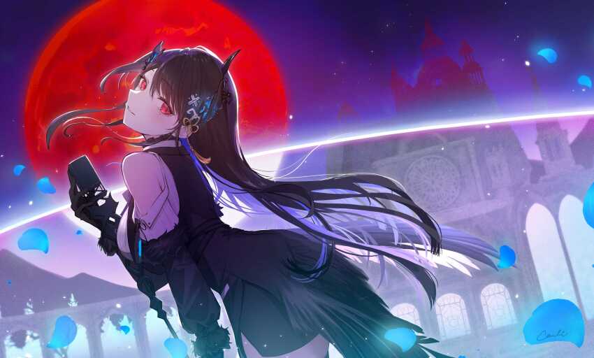 1girl asymmetrical_horns black_coat black_hair black_skirt black_wings blue_hair cauli clothing_cutout coat colored_inner_hair demon_horns floating_hair from_side hair_ornament head_tilt highres holding holding_microphone_stand hololive hololive_english horns long_hair looking_at_viewer low_wings microphone microphone_stand moon multicolored_hair nerissa_ravencroft nerissa_ravencroft_(1st_costume) night night_sky pencil_skirt red_eyes red_moon shoulder_cutout skirt sky solo tassel tassel_hair_ornament uneven_horns very_long_hair vest vintage_microphone virtual_youtuber waistcoat wings