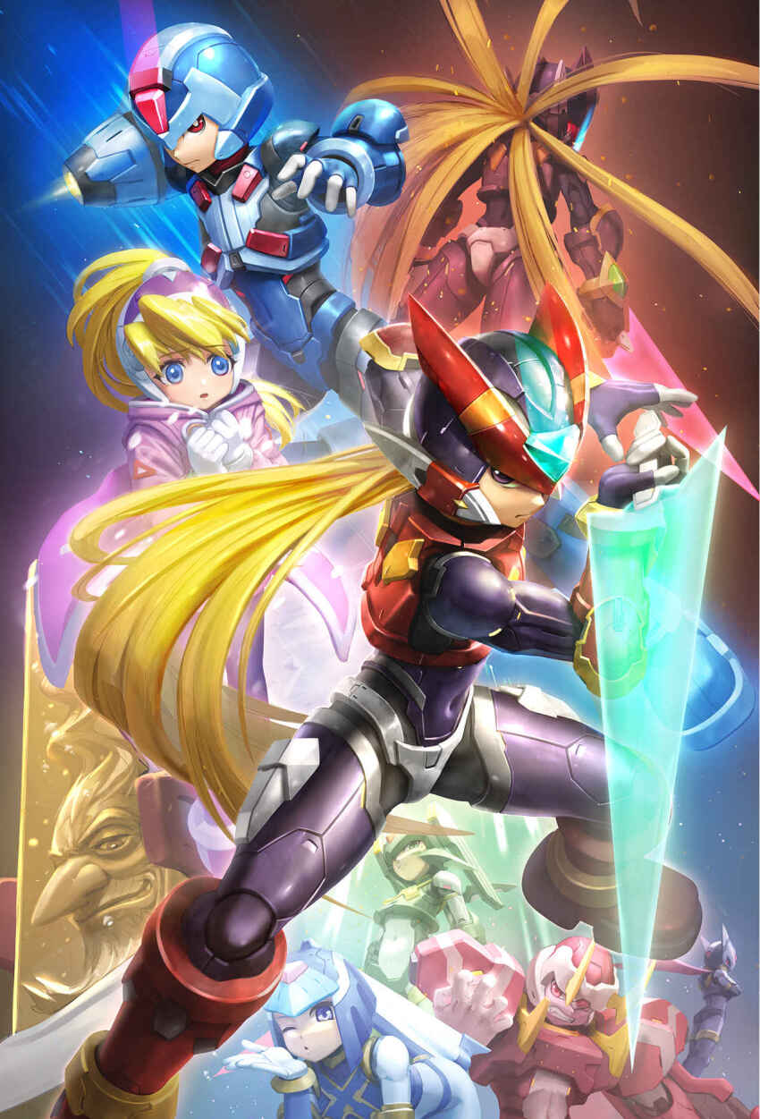 2girls 6+boys adapted_costume android arm_cannon armor bent_over black_eyes blonde_hair blowing_kiss blue_armor blue_eyes blue_helmet ciel_(mega_man) coat copy_x_(mega_man) crossed_arms dr._weil_(mega_man) energy_sword fairy_leviathan_(mega_man) fighting_fefnir_(mega_man) fins forehead_jewel green_armor green_eyes green_helmet green_wings group_picture head_fins helmet hidden_phantom_(mega_man) highres holding holding_sword holding_weapon long_hair mechanical_wings mega_man_(series) mega_man_zero_(series) mega_man_zero_1 mega_man_zero_3 multiple_boys multiple_girls neocity222 ninja old old_man omega_(mega_man) one_eye_closed pink_coat pink_helmet purple_armor purple_helmet red_armor red_eyes red_helmet red_scarf sage_harpuia_(mega_man) scarf shoulder_armor sword weapon winged_helmet wings z_saber zero(z)_(mega_man) zero_(mega_man)