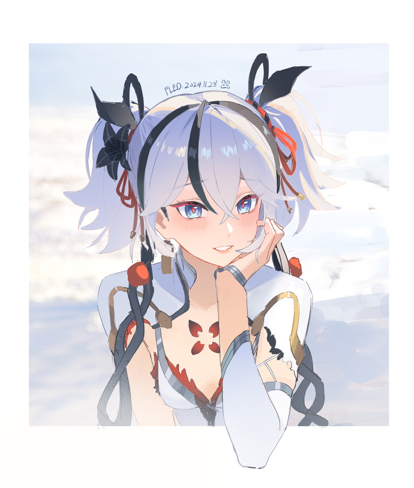 1girl artist_name black_flower black_ribbon blake_bloom_(wuthering_waves) blue_eyes border breasts camellia camellya_(wuthering_waves) chinese_commentary collar collarbone commentary_request dated earrings fled flower flower_on_chest gold_earrings hair_between_eyes hair_flower hair_ornament hair_ribbon hair_vines highres jewelry looking_at_viewer medium_breasts parted_lips red_pupils red_ribbon ribbon short_hair smile solo upper_body white_border white_collar white_hair wuthering_waves