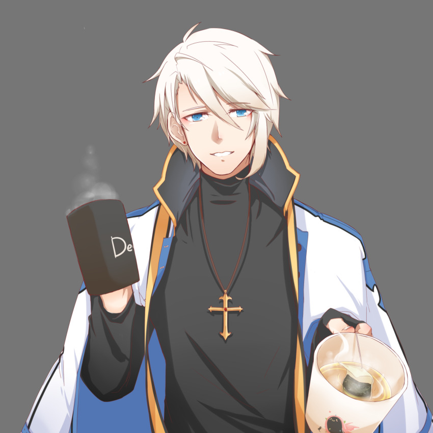 1boy absurdres arch_bishop_(ragnarok_online) black_gloves black_shirt blue_eyes chinese_commentary coat coat_on_shoulders commentary_request cross cross_necklace cup earrings eyeliner fingerless_gloves gloves grey_background grin hair_between_eyes highres holding holding_cup incoming_drink jewelry lay_(smallcatball) long_bangs long_sleeves looking_at_viewer makeup male_focus mug necklace pink_eyeliner ragnarok_online shirt short_hair simple_background smile solo steam stud_earrings tea teabag upper_body vanilmirth_(ragnarok_online) white_coat white_hair