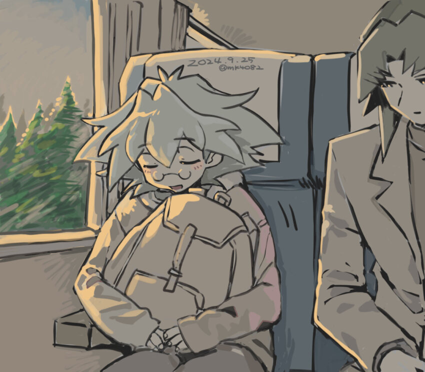 2boys backpack bag brothers closed_eyes dated fingernails glasses hair_between_eyes holding holding_bag long_sleeves looking_at_another male_focus marufuji_ryo marufuji_sho moiko monochrome multiple_boys open_mouth short_hair siblings sleeping sleeping_upright sleeves_past_wrists train_interior twitter_username window yu-gi-oh! yu-gi-oh!_gx