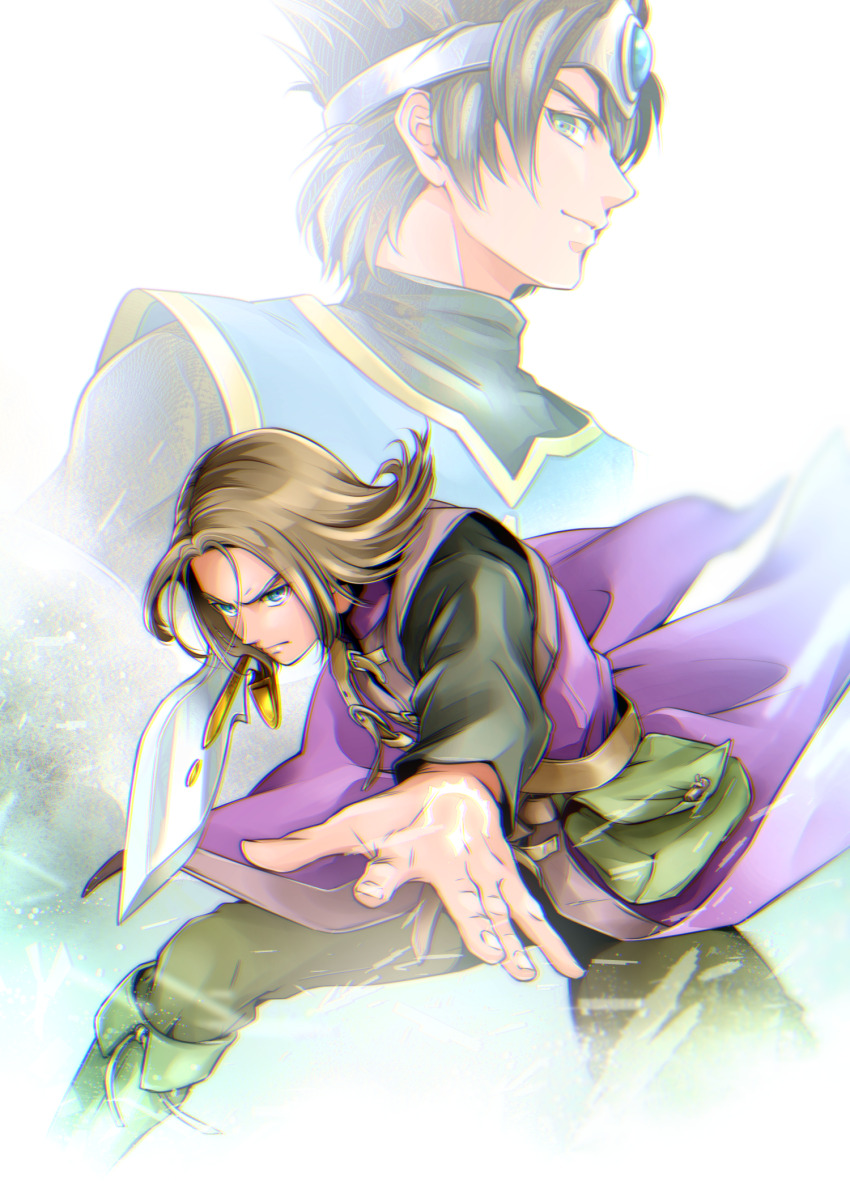 2boys ancestor_and_descendant aqua_eyes black_hair black_shirt blue_gemstone brown_hair chromatic_aberration circlet commentary_request cowboy_shot dragon_quest dragon_quest_xi floating_clothes floating_hair gem glowing_tattoo green_pants hand_tattoo hero_(dq11) highres holding holding_sword holding_weapon jacket looking_ahead male_focus multiple_boys myukom pants parted_hair pointing_melee_weapon pointing_sword profile purple_jacket reaching reaching_towards_viewer roche_(dq11) serious shirt short_hair silver_circlet smile spiked_hair sword tattoo weapon white_background