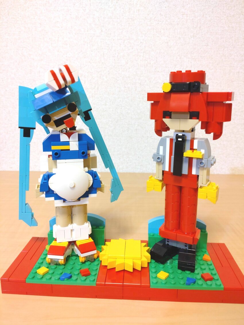 2girls alternate_costume apron black_eyes black_footwear black_necktie blue_dress blue_hair bow choroli_(chorolin) commentary crazy crazy_eyes dress drill_hair full_body gloves grey_shirt hair_bow hat hatsune_miku head_tilt highres kasane_teto lego lego_(medium) long_hair looking_at_viewer mesmerizer_(vocaloid) multiple_girls necktie open_mouth pants red_eyes red_footwear red_hair red_hat red_pants roller_skates shirt shoes short_dress short_sleeves skates sleeves_rolled_up socks standing striped_bow suspenders tongue tongue_out twin_drills twintails unconventional_media utau very_long_hair vocaloid white_apron white_socks yellow_gloves
