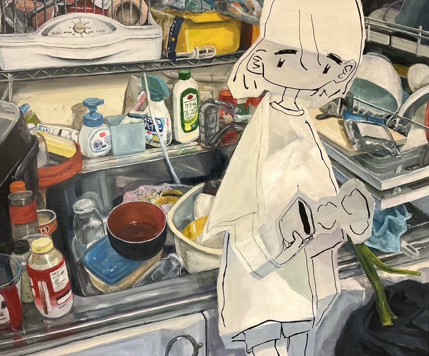 1girl absurdres bottle bowl cabinet coffee commentary_request cowboy_shot cup faucet highres holding holding_cup indoors kitchen leaning messy mug original paper_cutout plate shirt short_hair short_shorts short_sleeves shorts sink solo spray_bottle steam t-shirt tokunaga_aoi towel trash_can