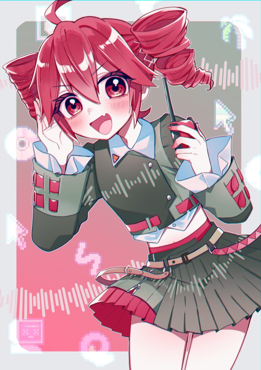 1girl ahoge arms_up black_shirt black_skirt blush collared_shirt commentary cowboy_shot cursor double-parted_bangs drill_hair fang fingernails flat_chest gradient_background hair_between_eyes highres kasane_teto kasane_teto_(voicepeak) leaning_forward long_sleeves open_mouth pink_nails pleated_skirt red_background red_eyes red_hair shirt skin_fang skirt solo sound_wave symbol-only_commentary twin_drills utau voicepeak walkie-talkie wing_collar yuusuke-kun