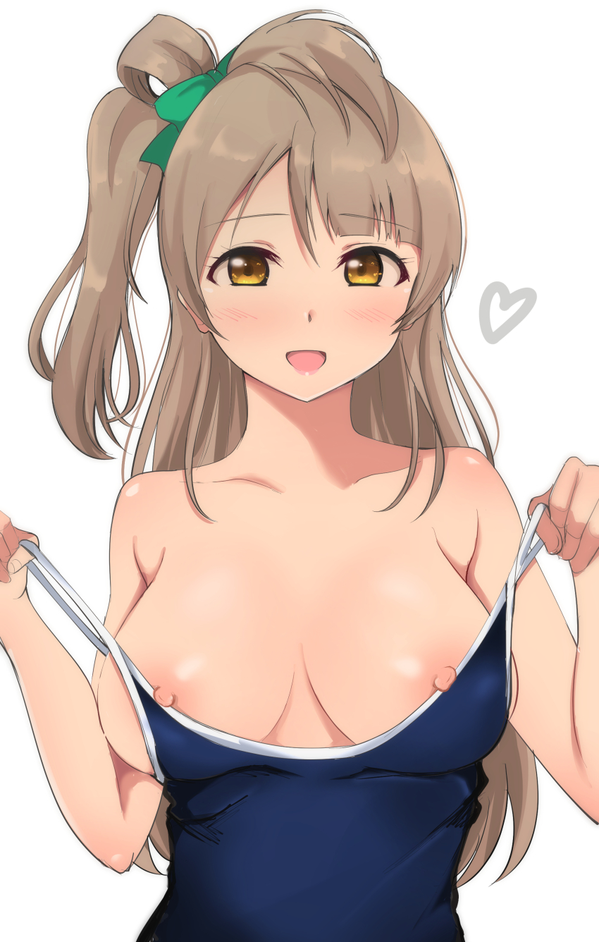 1girl absurdres arms_up bare_arms bare_shoulders blue_one-piece_swimsuit blush bow breasts brown_hair clothes_pull collarbone competition_school_swimsuit green_bow hair_bow hair_rings heart highres large_breasts long_hair looking_at_viewer love_live! love_live!_school_idol_project minami_kotori nipples one-piece_swimsuit one-piece_swimsuit_pull one_side_up open_mouth school_swimsuit simple_background single_hair_ring smile solo swimsuit upper_body wewe white_background yellow_eyes