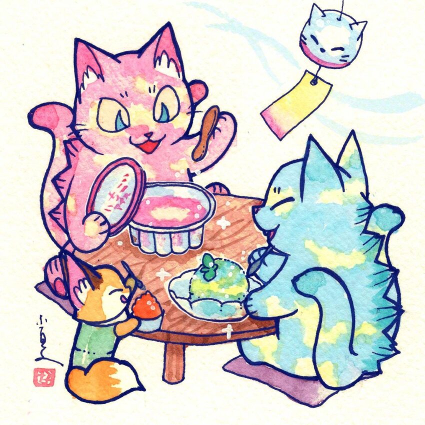animal_ear_fluff animal_focus bakeneko blue_fur cat commentary_request food fox highres holding kaiju konatsu_tunacan negora nekomata no_humans open_mouth original pink_fur simple_background sitting table traditional_media whiskers wind_chime