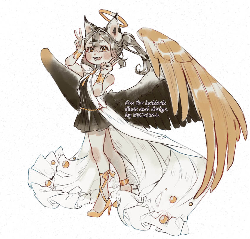 1girl angel angel_wings animal_ears artist_name bare_shoulders black_dress black_wings blunt_bangs bow bow_legwear bowtie bracelet brown_eyes cat_ears commentary commission double_v dress english_commentary eyelashes fang feathered_wings frilled_dress frills full_body gold_anklet gold_bracelet grey_hair hair_between_eyes halo high_heels highres jewelry layered_dress leg_ribbon light_blush long_dress long_hair lower_teeth_only open_mouth original reizoma ribbon shoes short_dress simple_background skin_fang sleeveless sleeveless_dress smile solo standing stiletto_heels teeth traditional_halo twintails two-tone_wings v watermark white_background white_bow white_bowtie white_dress wings yellow_bow yellow_halo yellow_ribbon yellow_shoes yellow_wings