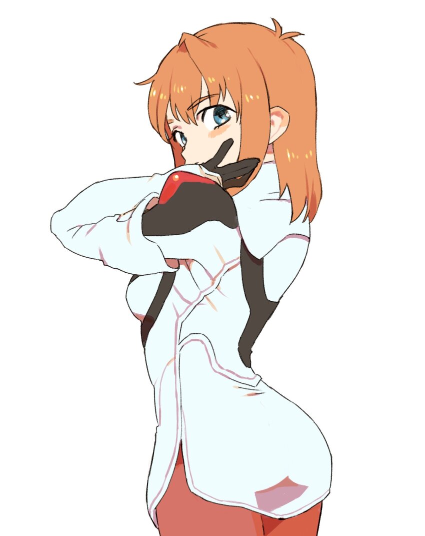 1girl blue_eyes dress elhaym_van_houten gan2 highres long_hair looking_back orange_hair pantyhose short_dress simple_background solo standing white_background white_dress xenogears
