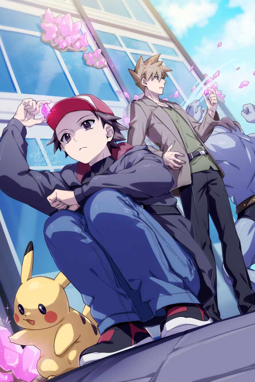 2boys 2girls 88_(einnimnech) baseball_cap belt black_belt black_hair black_jacket black_pants blue_oak blue_pants blue_sky brown_eyes brown_hair brown_jacket building coat commentary_request crystal extra_arms gen_1_pokemon green_shirt hat highres holding holding_crystal jacket long_sleeves machamp multiple_boys multiple_girls muscular nintendo open_clothes open_jacket open_mouth pants pikachu pokemon pokemon_(creature) pokemon_legends:_z-a punching red_(pokemon) red_hat rock shirt short_hair sky spiked_hair squatting