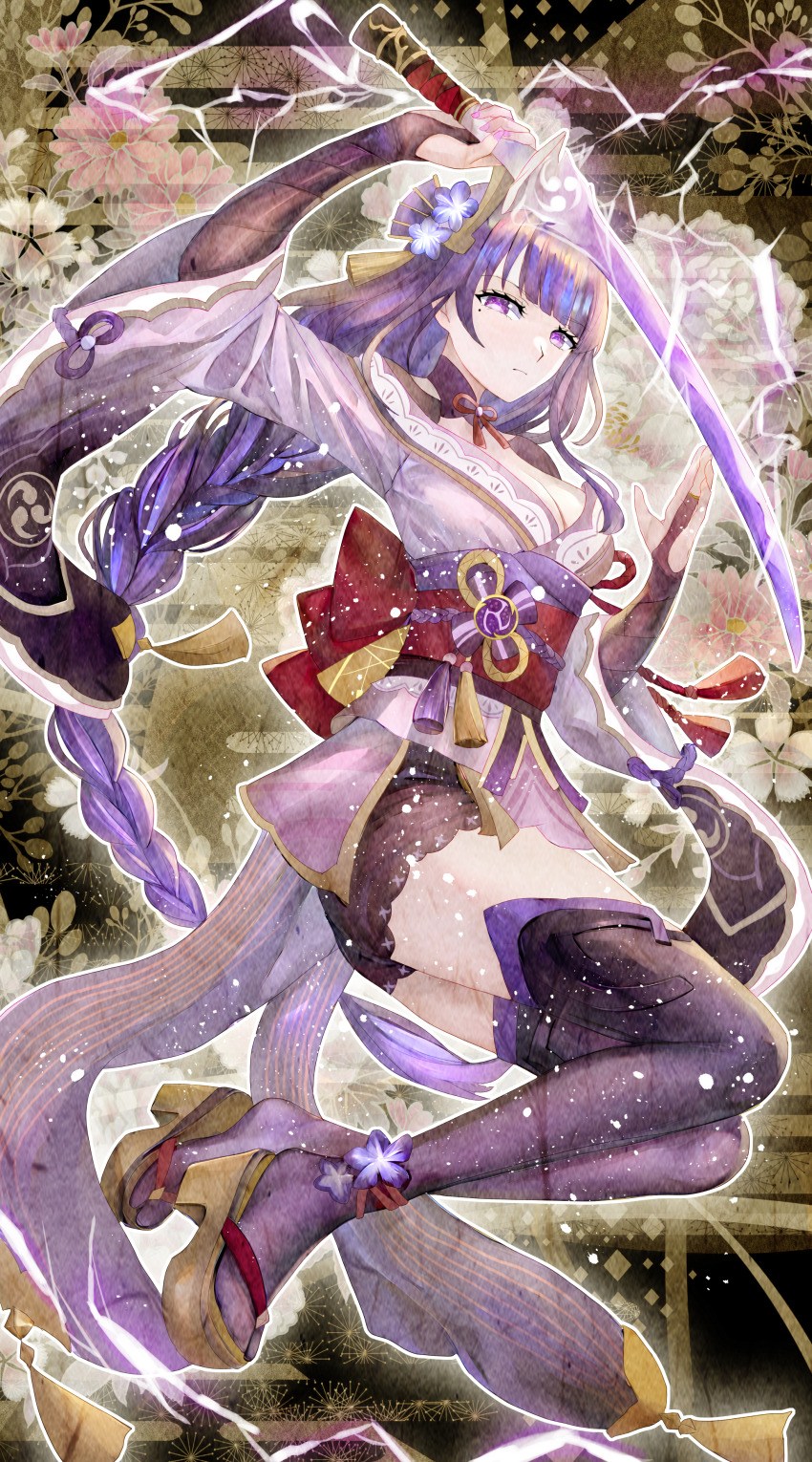 1girl absurdres black_thighhighs braid braided_ponytail breasts bridal_gauntlets closed_mouth commentary_request electricity floral_background from_below genshin_impact highres holding holding_weapon japanese_clothes kimono large_breasts long_hair looking_at_viewer looking_down looking_to_the_side mitsudomoe_(shape) miyashirokiyu mole mole_under_eye musou_isshin_(genshin_impact) obi obiage obijime platform_clogs platform_sandals purple_eyes purple_hair purple_kimono raiden_shogun red_sash sandals sash shrug_(clothing) single_braid solo thighhighs tomoe_(symbol) very_long_hair weapon