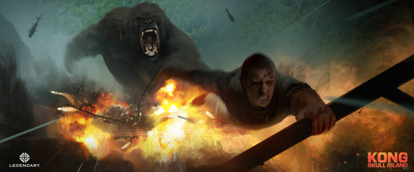 2boys aircraft animal ape battle davepaget explosion fangs fire giant giant_monster gorilla helicopter highres holding holding_on kaiju king_kong king_kong_(series) kong:_skull_island kong_(monsterverse) legendary_pictures monster monsterverse movie_poster multiple_boys open_mouth oversized_animal roaring sharp_teeth teeth