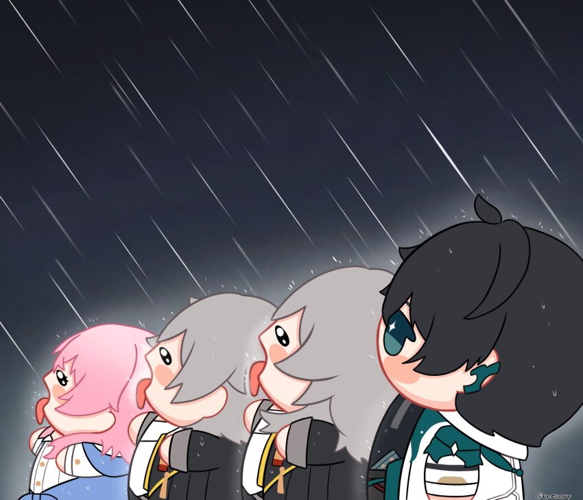 +_+ 2boys 2girls aqua_eyes artist_name black_background black_coat black_eyes black_hair black_shirt blue_jacket blush_stickers buttons caelus_(honkai:_star_rail) chibi chibi_only chinese_clothes coat dan_heng_(honkai:_star_rail) dan_heng_(hunt)_(honkai:_star_rail) dual_persona goku_and_vegeta_in_the_rain_(meme) grey_hair hair_between_eyes hands_up highres honkai:_star_rail honkai_(series) jacket long_hair long_sleeves looking_up march_7th_(honkai:_star_rail) march_7th_(preservation)_(honkai:_star_rail) meme multiple_boys multiple_girls no_mouth open_clothes open_coat open_jacket open_mouth pink_hair rain shirt short_hair simple_background standing stelle_(honkai:_star_rail) t-shirt tied_jacket tongue tongue_out trailblazer_(honkai:_star_rail) unosavy white_coat white_shirt