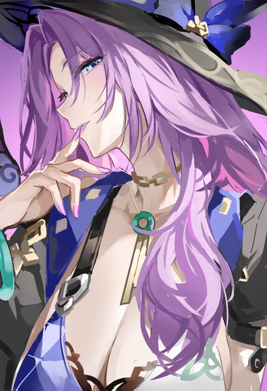 1girl absurdres black_hat blue_eyes breasts cleavage evzeva finger_to_mouth from_side hat highres honkai:_star_rail honkai_(series) jade_(honkai:_star_rail) large_breasts long_hair looking_at_viewer looking_to_the_side nail_polish pink_hair pink_nails sideways_glance upper_body