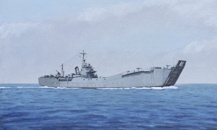 acrylic_paint_(medium) atelier_bono flag highres imperial_japanese_navy landing_craft military_vehicle no._101-class_landing_ship no_humans ocean original painting_(medium) ship sky smokestack traditional_media vehicle_focus warship watercraft waves