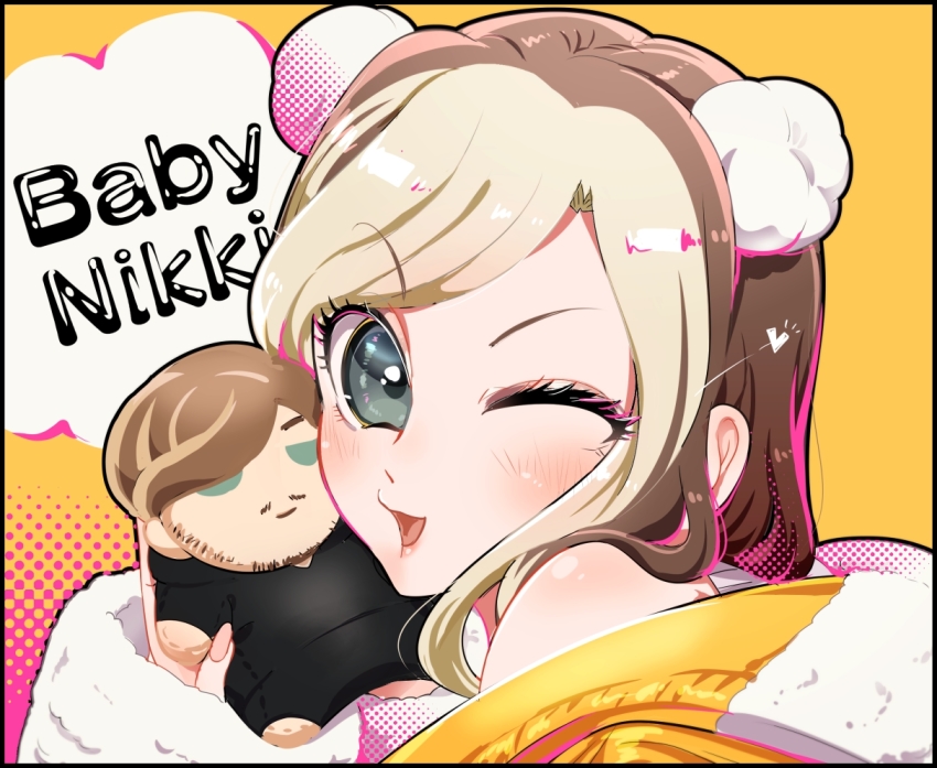 1girl babynikki blonde_hair blush brown_hair character_doll character_name esports fur-trimmed_jacket fur_trim grey_eyes hair_behind_ear hood hooded_jacket jacket long_sleeves nail_polish nrg_(team) off_shoulder one_eye_closed pink_nails portrait real_life sleeves_past_wrists smile sweetdreams_(gamer) tori_gyoza yellow_jacket
