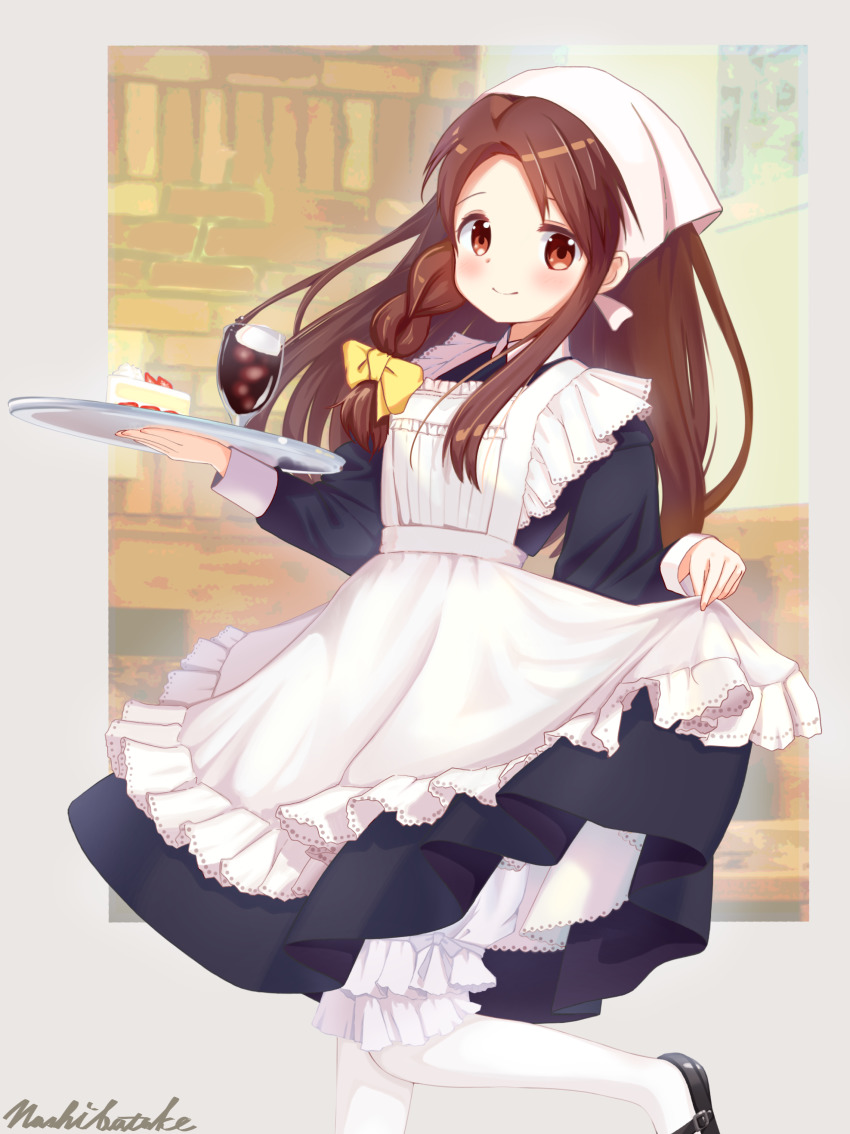 1girl absurdres alternate_costume alternate_hairstyle apron apron_hold black_dress black_shoes bow braid brown_eyes brown_hair cake closed_mouth collar commentary_request cup dress drinking_glass enmaided food forehead frilled_apron frills hair_bow headscarf highres holding holding_tray kin-iro_mosaic leg_up long_hair long_sleeves looking_at_viewer maid maid_apron mary_janes matsubara_honoka nashibatake pantyhose pinafore_dress shoes signature single_braid skirt_hold sleeveless sleeveless_dress solo standing tray white_apron white_collar white_headscarf white_headwear white_pantyhose yellow_bow