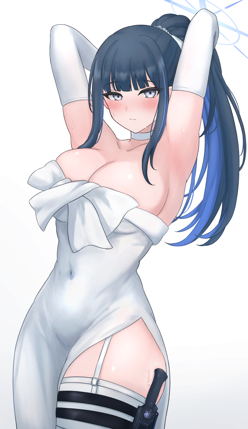 1girl absurdres armpits arms_behind_head bare_shoulders black_hair blue_archive blue_hair blunt_bangs blush breasts choker cleavage closed_mouth collarbone commentary covered_navel cowboy_shot dress elbow_gloves gloves grey_eyes high_ponytail highres knife_sheath large_breasts long_hair looking_at_viewer multicolored_hair official_alternate_costume ponytail profanity saori_(blue_archive) saori_(dress)_(blue_archive) sheath simple_background solo strapless strapless_dress thigh_sheath very_long_hair wachikumori white_background white_choker white_dress white_gloves