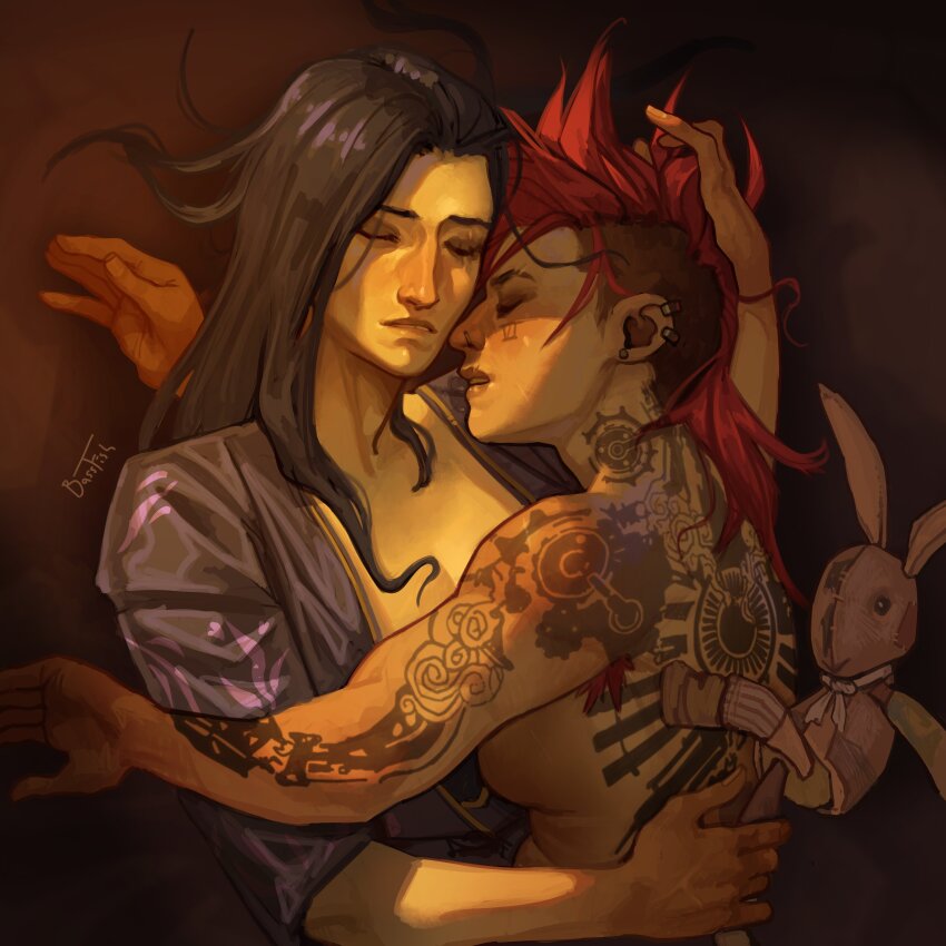 2girls absurdres arcane:_league_of_legends arcane_caitlyn arcane_vi arm_tattoo asymmetrical_hair back_tattoo bassfish black_hair breasts caitlyn_(league_of_legends) clothed_female_nude_female cuddling eyebrow_cut facial_tattoo highres league_of_legends multiple_girls neck_tattoo nose_piercing nude parted_lips piercing red_hair sideboob sidecut sleeping tattoo undercut vi_(league_of_legends) yuri