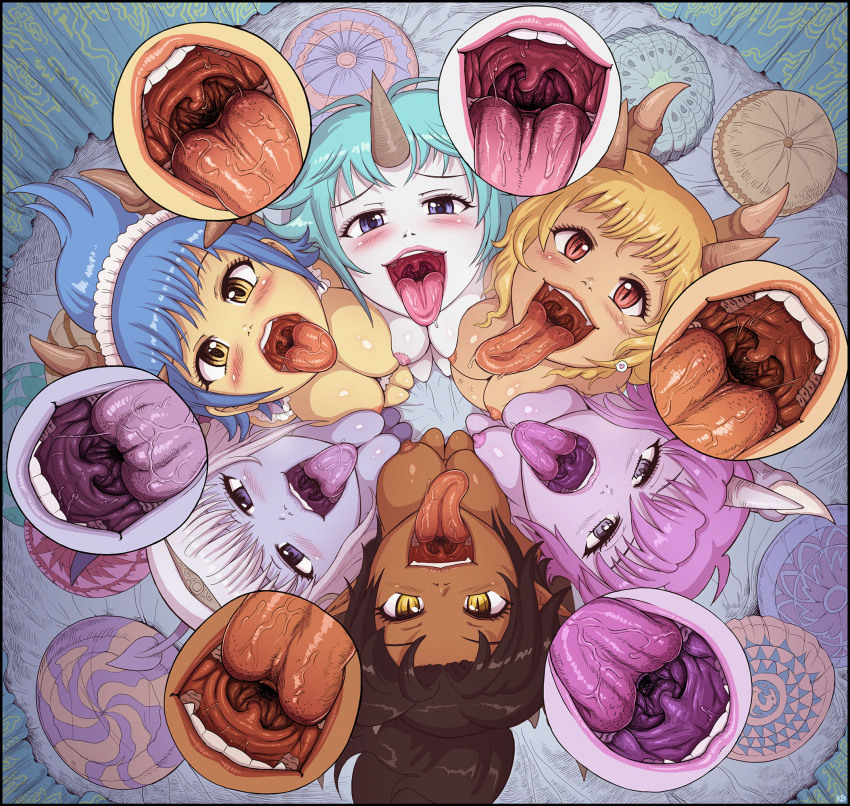 6+girls arale_(felarya) ashmet black_hair blonde_hair blue_hair breast_press chalyss_(felarya) closed_mouth colored_skin dark-skinned_female dark_skin demon_girl felarya highres horns iridan karbo lips long_hair long_tongue menyssan multiple_girls nipples open_mouth pale_skin ponytail purple_hair purple_skin saliva single_horn smile symmetrical_docking teeth tongue tongue_out uvula white_hair zycra