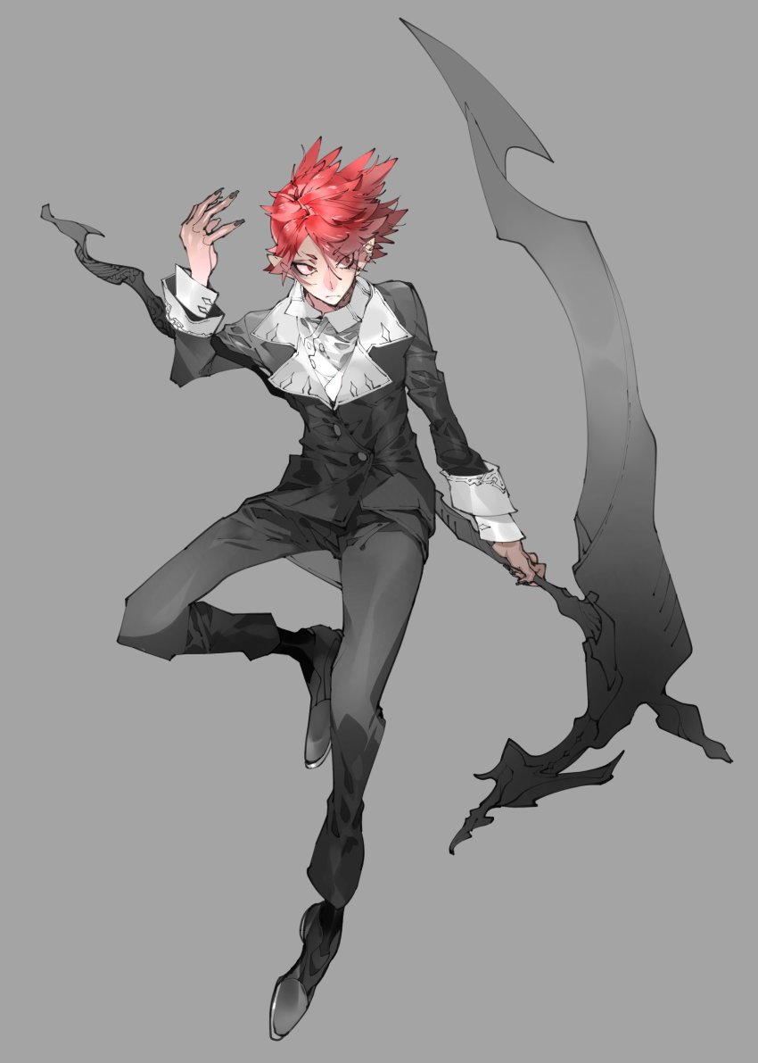 1boy black_footwear black_nails closed_mouth earrings eyes_visible_through_hair fingernails grey_background highres holding holding_scythe holding_weapon jewelry kukicha long_fingernails male_focus nail_polish original pointy_ears red_eyes red_hair scythe simple_background sketch solo weapon