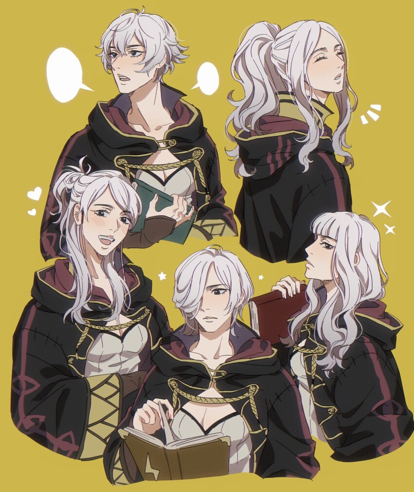 5girls black_eyes black_robe blunt_bangs book breasts cleavage closed_mouth commentary english_commentary female_robin_(fire_emblem) fire_emblem fire_emblem_awakening hair_over_one_eye highres holding holding_book long_hair looking_at_viewer medium_breasts multiple_girls multiple_persona nintendo official_alternate_hairstyle one_eye_covered open_clothes open_mouth open_robe ponytail profile robe seirorath short_hair sidelocks simple_background smile wavy_hair white_hair yellow_background