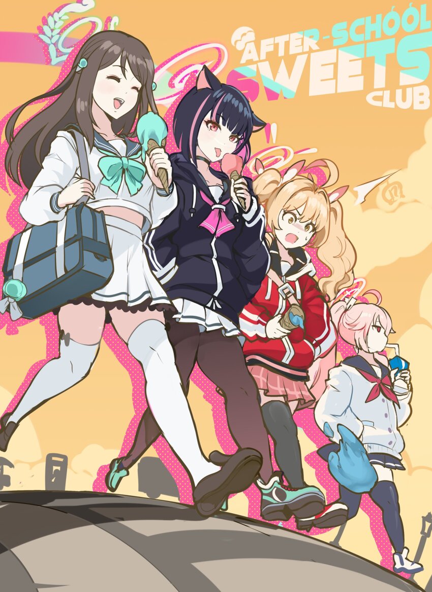 4girls after-school_sweets_club_(blue_archive) airi_(blue_archive) animal_ears bag black_hair black_pantyhose black_thighhighs blonde_hair blue_archive cardigan cat_ears colored_inner_animal_ears colored_inner_hair commentary drinking_straw english_commentary english_text extra_ears food food-themed_hair_ornament full_body green_halo green_sailor_collar hair_ornament halo hand_in_pocket highres holding holding_ice_cream_cone holding_milk_carton hood hooded_jacket ice_cream ice_cream_cone ice_cream_cone_spill ice_cream_hair_ornament jacket kazusa_(blue_archive) long_hair long_sleeves milk_carton mint_chocolate mint_chocolate_(razschi) multicolored_hair multiple_girls natsu_(blue_archive) pantyhose pink_hair pink_halo pleated_skirt red_jacket revolverwing sailor_collar school_uniform short_hair skirt thighhighs tongue tongue_out twintails white_cardigan white_thighhighs yellow_halo yoshimi_(blue_archive) zettai_ryouiki