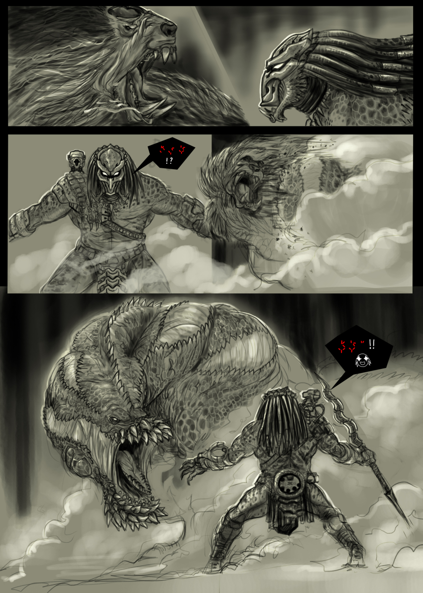 absurdres alien armor claws crossover deviljho dinosaur doshaguma dreadlocks fangs gauntlets highres mask monochrome monster monster_hunter_(series) monster_hunter_wilds muscular open_mouth predator_(character) predator_(series) sharp_teeth shoulder_armor shoulder_cannon smoke tacuyanjun teeth weapon
