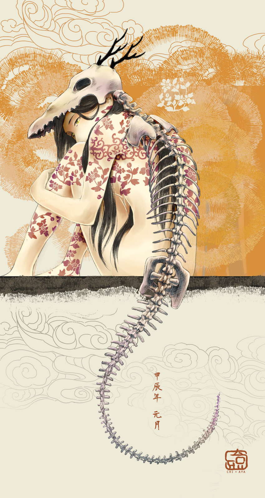 1girl absurdres animal_skeleton animal_skull animal_skull_ornament antlers arm_tattoo back_tattoo black_hair bone_tail breasts chinese_commentary chinese_new_year chinese_zodiac cloud facial_tattoo fake_tail flower_tattoo from_behind hand_on_own_leg head_rest highres horns ironu knees_up leg_tattoo long_hair looking_to_the_side medium_breasts nude orange_background original shoulder_tattoo sideboob sitting solo tail tattoo year_of_the_dragon yellow_eyes