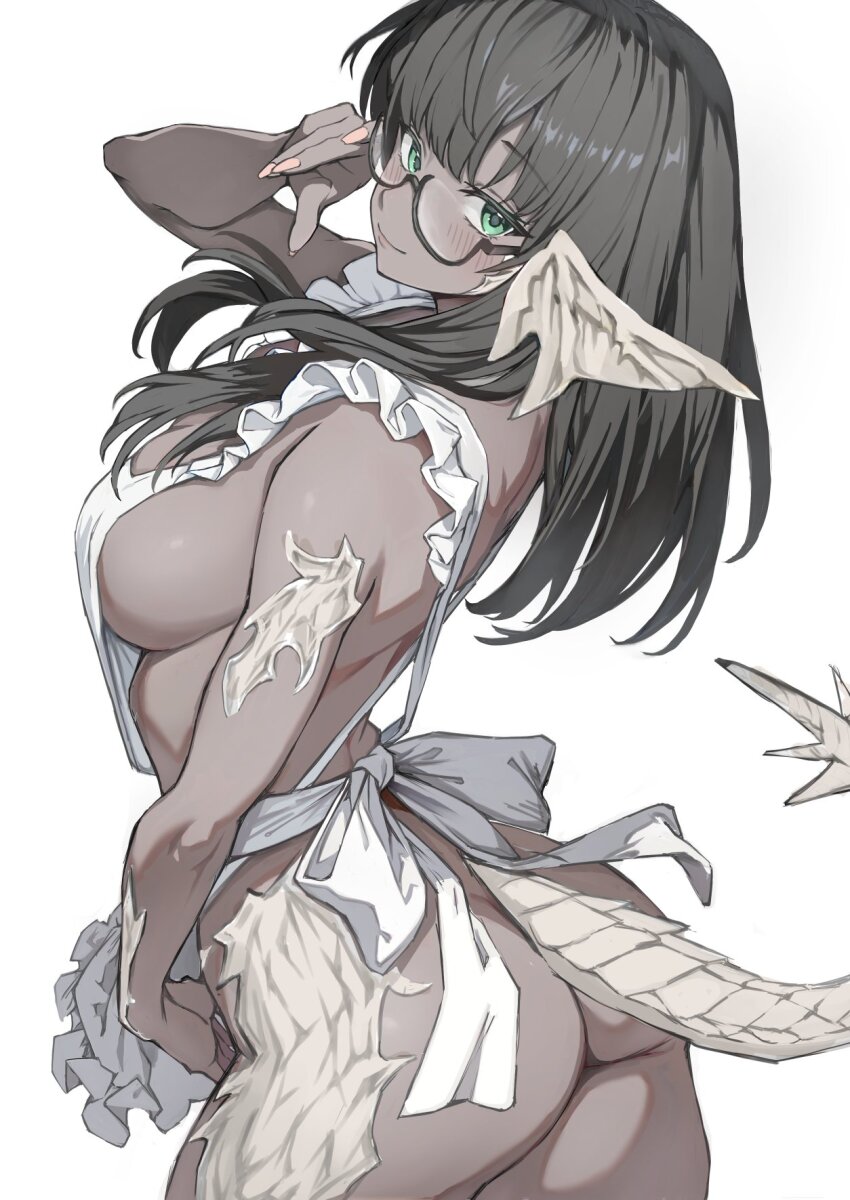 1girl apron ass au_ra blush breasts cropped_legs dark_skin final_fantasy final_fantasy_xiv green_eyes highres large_breasts looking_at_viewer naked_apron original pink_nails scales semi-rimless_eyewear shirt sideboob simple_background smile solo star_(symbol) tail torisanff14 under-rim_eyewear white_apron white_shirt