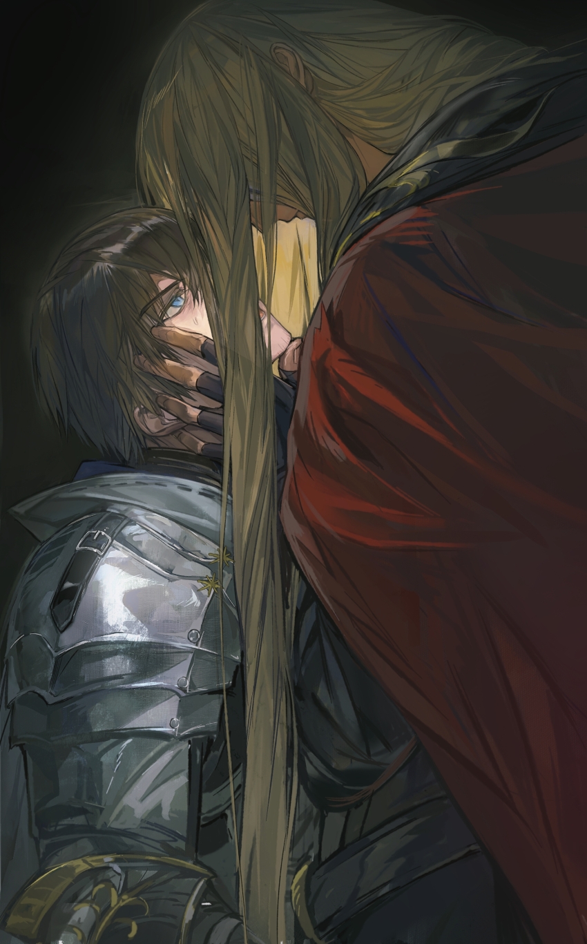 2boys absurdres adventurer_(ff14) anjiaoyu armor black_gloves blonde_hair blue_eyes brown_hair cape covered_eyes final_fantasy final_fantasy_xiv fingerless_gloves gloves grabbing_another&#039;s_chin hand_on_another&#039;s_chin hand_on_another&#039;s_face highres hyur long_hair looking_at_another male_focus multiple_boys paladin_(final_fantasy) pauldrons red_cape short_hair shoulder_armor upper_body warrior_of_light_(ff14) yaoi zenos_yae_galvus