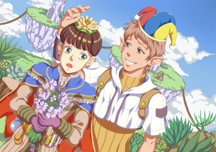 2boys alchemist_(ragnarok_online) blue_cape blue_hat blue_sky bowl_cut brown_coat brown_eyes brown_hair brown_shirt cape cloud coat cokeboy commentary commission cropped_jacket day dutch_angle earrings english_commentary floating_island flower gloves green_eyes grin hat hunter_(ragnarok_online) jacket jester_cap jewelry long_sleeves looking_at_another looking_to_the_side lotus male_focus multiple_boys open_mouth outdoors pointy_ears purple_flower purple_gloves ragnarok_online red_cape red_hat shirt short_bangs short_hair short_sleeves sky smile two-sided_cape two-sided_fabric upper_body white_flower white_jacket yellow_hat