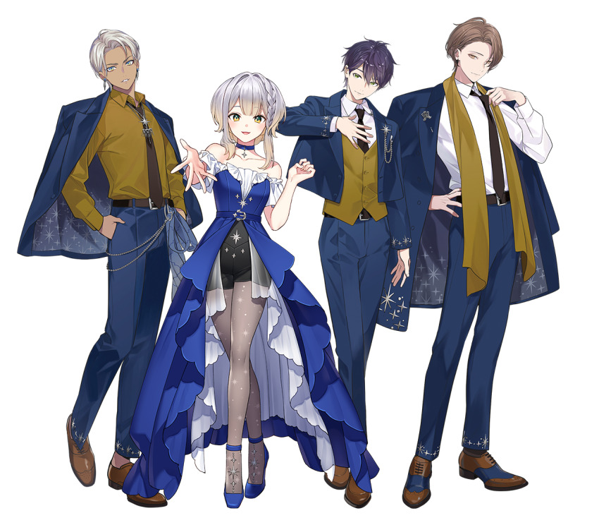 1girl 3boys :d adjusting_clothes adjusting_necktie ankle_strap artist_request bare_shoulders belt black_belt black_necktie black_shorts blonde_hair blue_choker blue_dress blue_eyes blue_jacket blue_pants blue_shoes blue_suit braid breasts brown_eyes brown_hair brown_shawl brown_shirt brown_shoes brown_vest chain choker closed_mouth collarbone collared_shirt curtained_hair dark_skin dress earrings flats formal_clothes gradient_hair green_eyes grey_hair grey_pantyhose group_picture hair_intakes hand_on_own_hip hand_up hands_in_pockets hands_on_own_chest high-waist_shorts ibrahim_(nijisanji) jacket jacket_on_shoulders jewelry kagami_hayato kenmochi_touya lapel_pin lapels layered_dress long_dress long_sleeves looking_at_viewer male_focus matching_outfits multicolored_eyes multicolored_hair multiple_boys necktie nijisanji off-shoulder_dress off_shoulder official_alternate_costume official_art open_clothes open_jacket open_mouth outstretched_arm oxfords pants pantyhose parted_lips pendant_choker print_pantyhose purple_hair saddle_shoes second-party_source see-through_skirt_layer shawl shioriha_ruri shirt shirt_tucked_in shoes short_hair short_sleeves shorts showgirl_skirt side_part simple_background small_breasts smile standing star_(symbol) star_ornament star_pendant star_print suit suit_jacket transparent_background two-tone_eyes updo vest virtual_youtuber waistcoat white_hair white_shirt yellow_eyes