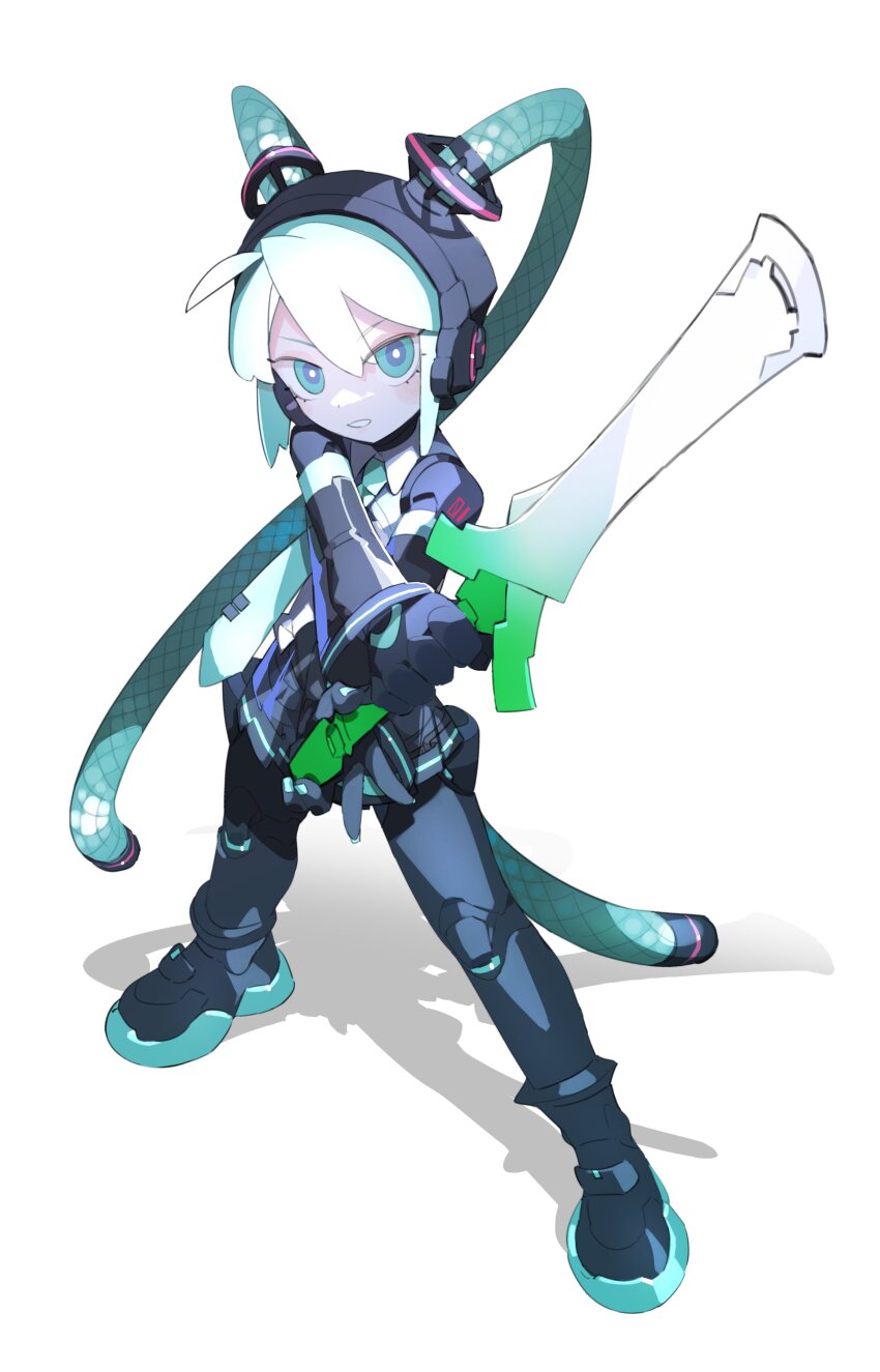 1girl absurdly_long_hair absurdres android aqua_eyes aqua_hair aqua_necktie bare_shoulders cable_hair cheri_zao cyber_fashion derivative_work energy_sword full_body glowing glowing_eyes grey_shirt hatsune_miku highres holding holding_sword holding_weapon long_hair looking_at_viewer mega_man_(series) mega_man_zero_(series) mega_man_zero_3 necktie number_tattoo parody proto_miku_(cheri_zao) see-through_clothes see-through_skirt see-through_sleeves shirt shoulder_tattoo simple_background skirt solo spring_onion sword tattoo twintails very_long_hair vocaloid weapon white_background z_saber