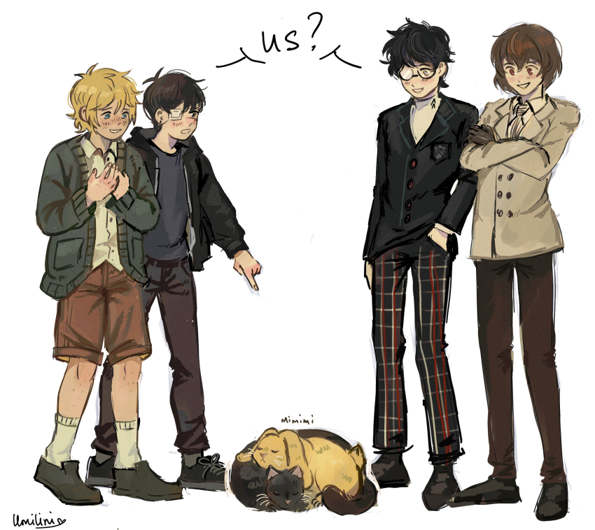 4boys alternate_costume amamiya_ren antenna_hair basil_(faraway)_(omori) basil_(omori) black-framed_eyewear black_hair black_hoodie black_pants black_shirt black_shoes blonde_hair blue_eyes blush brown_eyes brown_gloves brown_hair brown_shorts cat collared_shirt crossed_arms earrings english_text eyepatch glasses gloves gorou_(genshin_impact) highres hood hoodie jewelry joker_(persona_5) long_sleeves male_focus multiple_boys necktie omori open_mouth pants persona plaid_clothes plaid_pants rabbit shared_speech_bubble shirt shoes short_hair shorts simple_background smile sneakers socks speech_bubble spoilers sunny_(omori) t-shirt umilini2 white_background white_shirt white_socks