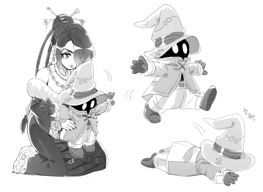 1boy 1girl bare_shoulders belt black_dress black_hair black_mage_(final_fantasy) black_nails braid coat dede_(qwea_00000) dress earrings eyeshadow final_fantasy final_fantasy_ix final_fantasy_x full_body fur-trimmed_dress fur_trim gloves glowing glowing_eyes greyscale hair_ornament hair_over_one_eye hair_stick hat jewelry kneeling long_hair lulu_(ff10) makeup mole mole_under_mouth monochrome multiple_belts multiple_braids multiple_necklaces multiple_views nail_polish off-shoulder_dress off_shoulder outstretched_arms pants striped_clothes striped_pants tripping vivi_ornitier white_background wide_sleeves wizard_hat