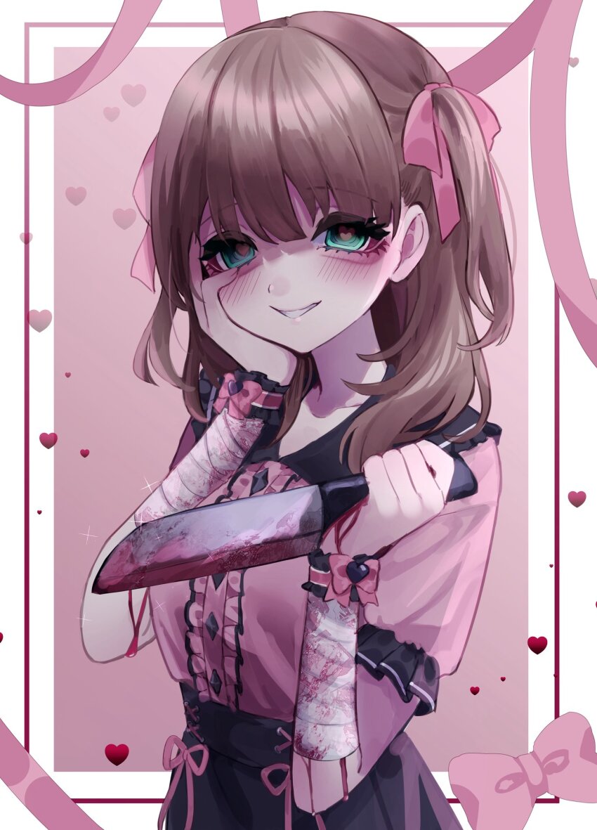 1girl aegyo_sal aqua_eyes bandaged_wrist bandages black_skirt blood bloody_bandages bloody_knife blush border bow brown_hair buttons center_frills crazy_smile diamond_button frills hair_ribbon hand_on_own_cheek hand_on_own_face heart heart-shaped_pupils high-waist_skirt highres holding holding_knife idolmaster idolmaster_cinderella_girls jirai_kei jishou_210 knife looking_at_viewer pink_background pink_shirt puffy_short_sleeves puffy_sleeves ribbon sakuma_mayu shirt short_hair short_sleeves skirt smile solo symbol-shaped_pupils two_side_up white_background wristband