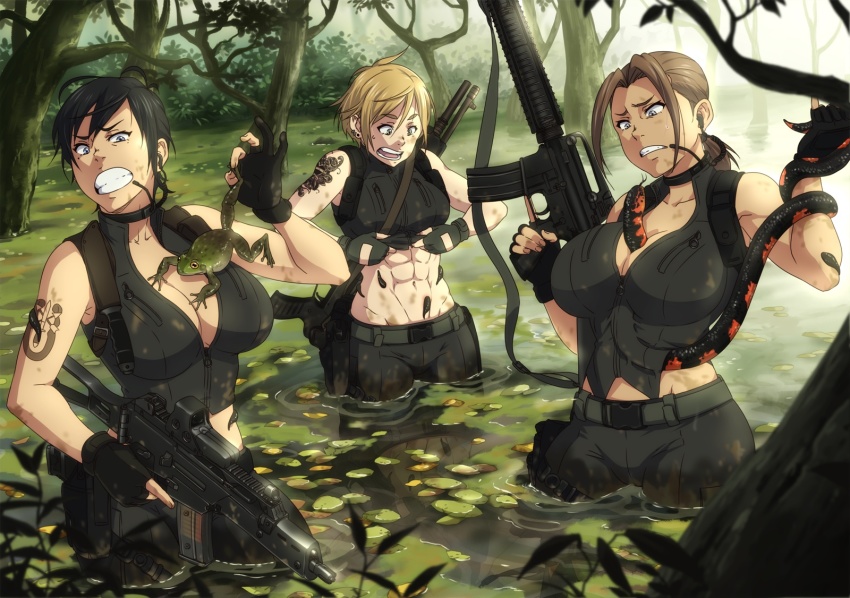3girls abs animal animal_between_breasts animal_in_clothes arm_tattoo assault_rifle belt between_breasts black_gloves black_hair black_pants blonde_hair breasts brown_hair buckle cleavage clenched_teeth clothes_lift collar constricted_pupils crop_top dirty disgust dual-mode_shotgun earrings eotech fingerless_gloves forest frog gloves grimace gun gun_sling headset highres holding holding_animal holding_snake holster jewelry knife large_breasts leech m16 m16a2 microphone midriff multiple_girls muscular muscular_female nature navel open_mouth original outdoors panicking pants partially_fingerless_gloves ponytail pump-action_shotgun pump_action rifle scared semi-automatic_shotgun sgt_crisis sheath sheathed shirt shirt_lift short_hair shotgun sleeveless sleeveless_shirt snake spas-12 tan tattoo teeth tree trigger_discipline unzipped wading water weapon wetland zipper